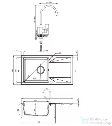 Deante EVORA gránit mosogató szett mosogató csapteleppel, 1 medencés, csepegtetővel, 780x440 mm, fekete ZQJJN113