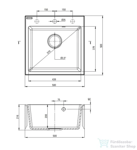 Deante EVORA gránit mosogató szett, csapteleppel, 1 medencés, 500x500 mm, fekete ZQJNN103