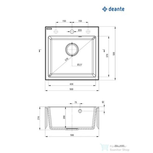 Deante EVORA gránit mosogató, 1 medencés, 500x500 mm, metálszürke ZQJ_S103