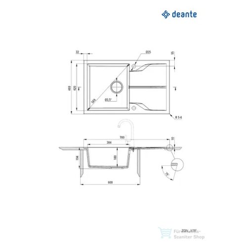 Deante ANDANTE FLUSH gránit mosogató, 1 medencés, csepegtetővel, 780x490 mm, alabástrom ZQN_A11F