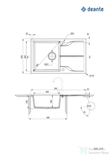 Deante ANDANTE FLUSH gránit mosogató, 1 medencés, csepegtetővel, 780x490 mm, fekete ZQN_N11F