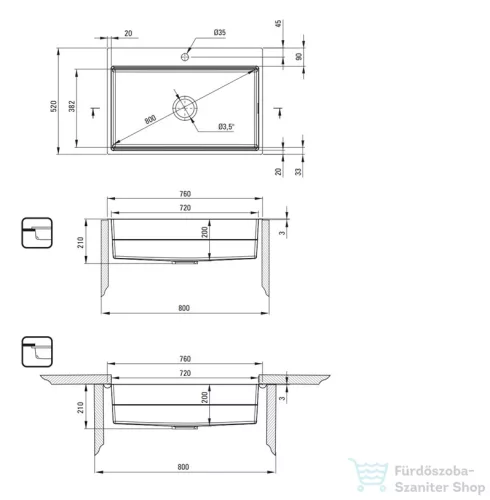 Deante MAGNETIC acél mosogató, 1 medencés, 760x520 mm, szálcsiszolt acél ZRM_010B