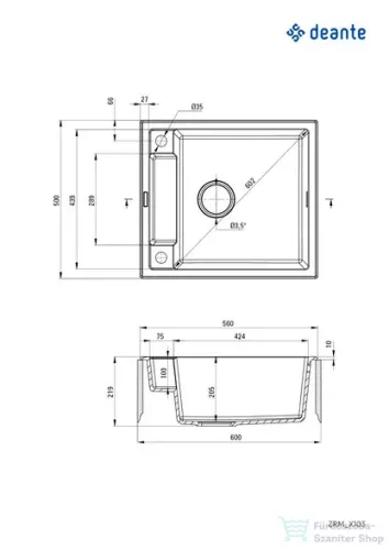 Deante MAGNETIC gránit mosogató, 1 medencés, 560x500 mm, fekete ZRM_N103