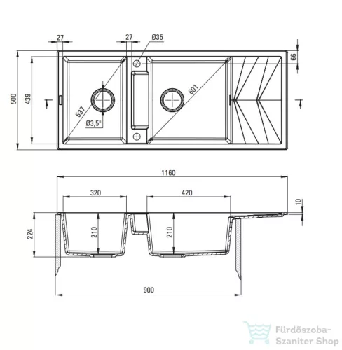 Deante MAGNETIC gránit mosogató, 2 medencés, csepegtetővel 1160x500 mm, fekete ZRM_N213
