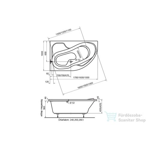 H2O Fortuna aszimmetrikus kád 150x100, jobbos  h2o_12029