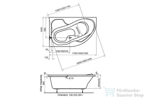 H2O Fortuna aszimmetrikus kád 160x100 jobbos h2o_12031