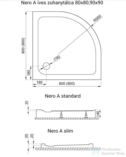 H2O Nero A 90x90 slim íves zuhanytálca, fehér