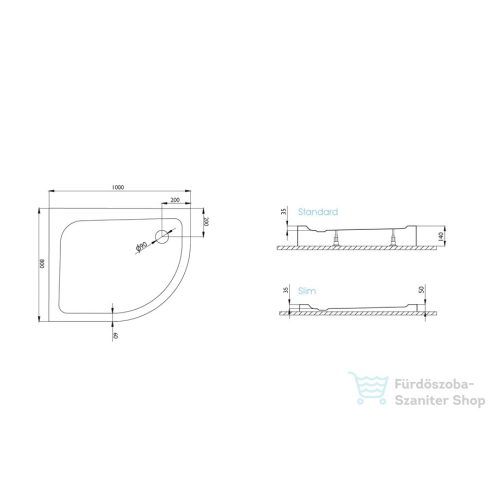 H2O Nero E 100x80 slim íves zuhanytálca, bal, fehér